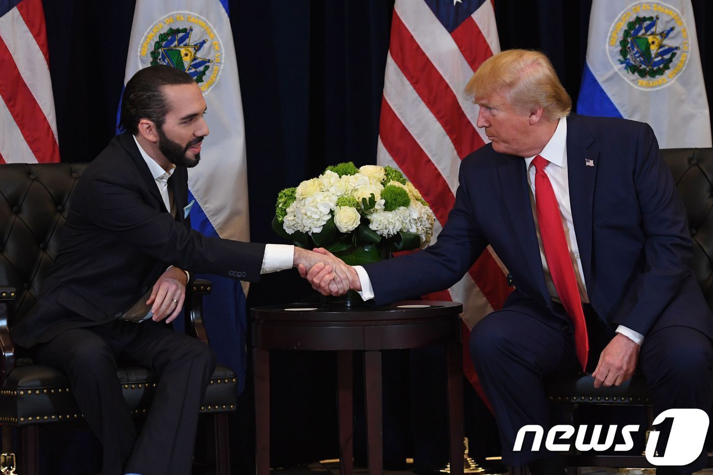 본문 이미지 - 도널드 트럼프 미국 대통령이 25일 뉴욕 유엔본부에서 열린 유엔총회 중 나이브 부켈레 엘살바도르 대통령과 회담을 하고 있다. ⓒ AFP=뉴스1 ⓒ News1 우동명 기자