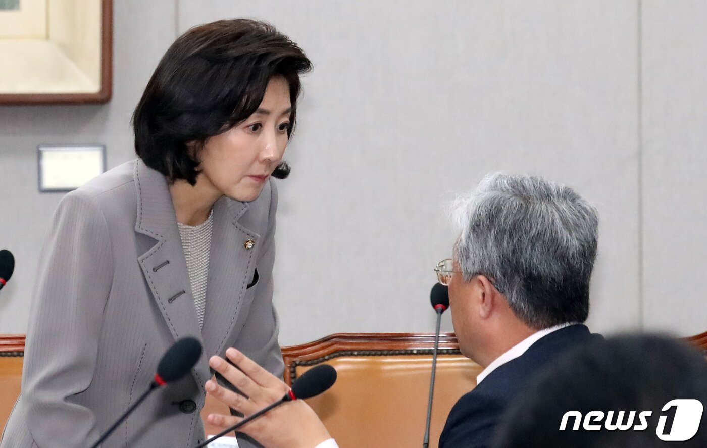 본문 이미지 - 나경원 자유한국당 원내대표가 26일 서울 여의도 국회에서 열린 운영위원회 전체회의에서 유성엽 대안정치연대 대표의 자리에서 대화를 하고 있다. 2019.9.26/뉴스1 ⓒ News1 김명섭 기자