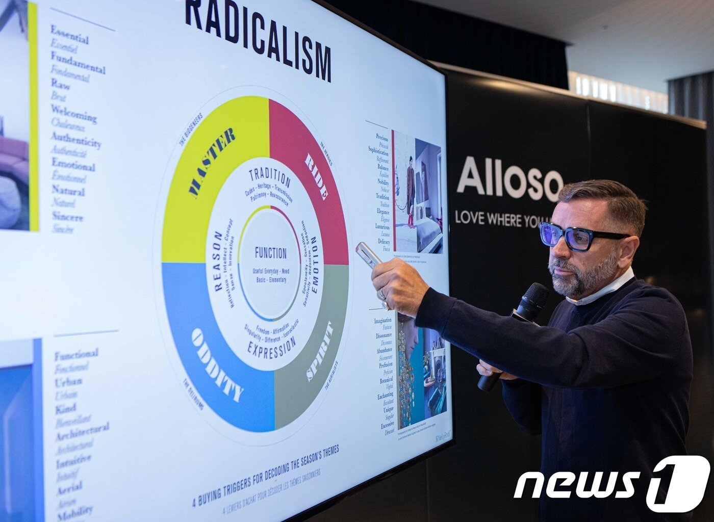 본문 이미지 - 뱅상 그레그와르 넬리로디 라이프스타일 파트 대표가 4일 오전 서울시 강남구 청담 플래그십 스토어에서 열린 '2019 리빙 트렌드 세미나'에서 올 가을·겨울 시즌과 다음해 봄·여름의 트렌드를 발표하고 있다. (알로소 제공) 2019.9.4/ ⓒ뉴스1