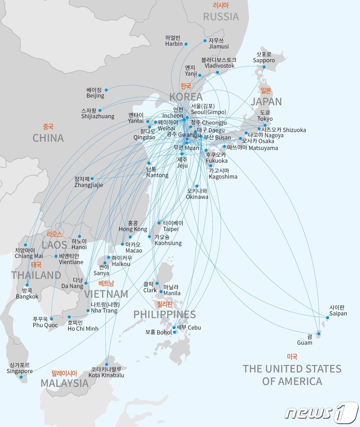 본문 이미지 - 제주항공 취항 노선도. (제주항공 홈페이지 캡처)ⓒ 뉴스1
