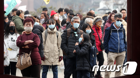 마스크 착용하고 한옥마을 찾은 중국인 단체 관광객