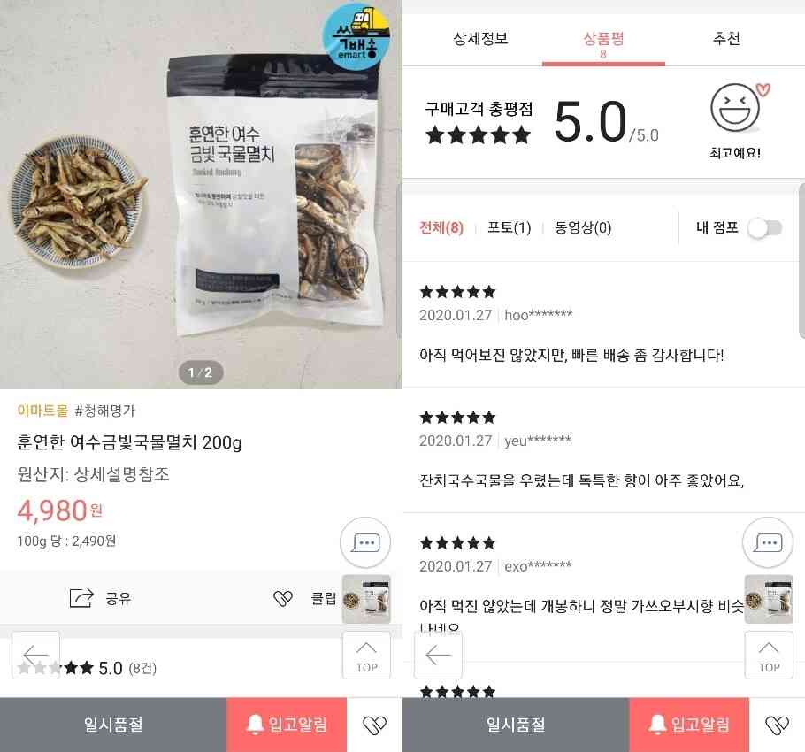 훈연한 여수 금빛 국물멸치가 SSG닷컴에서 현재 품절 상태다. © 뉴스1(SSG닷컴 갈무리)