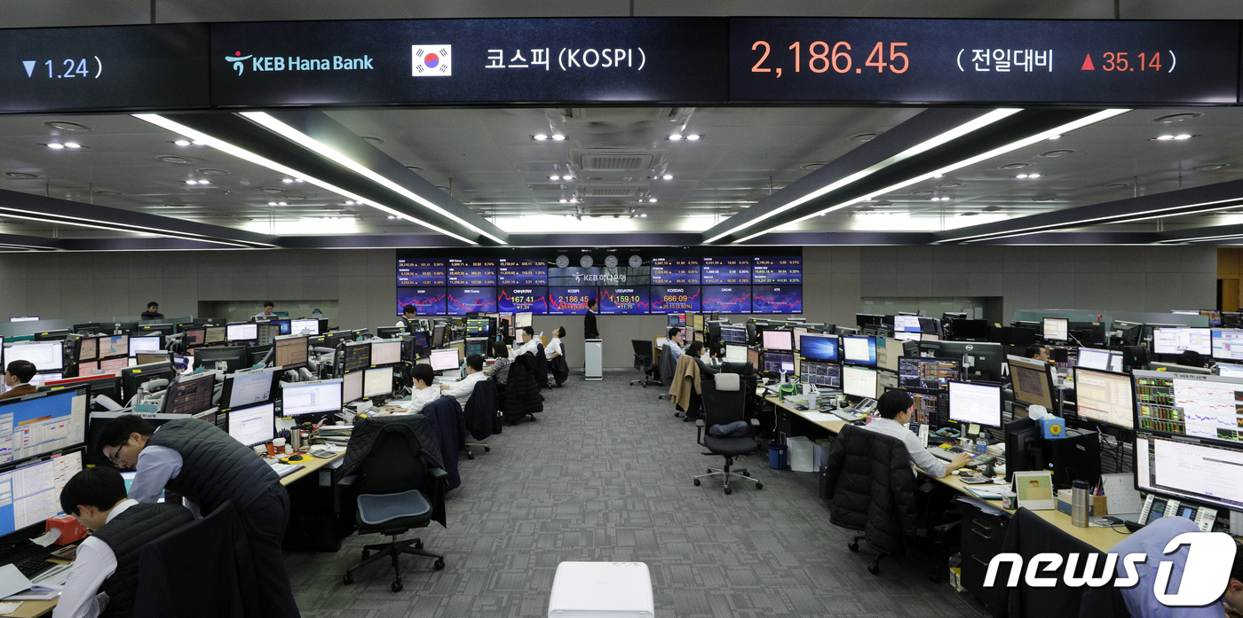 (서울=뉴스1) 안은나 기자 = 중동 불안이 다소 진정되며 코스피가 상승한 9일 오후 서울 중구 KEB하나은행 딜링룸 전광판에 코스피지수가 전 거래일보다 35.14포인트(1.63% …