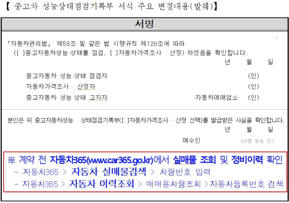 본문 이미지 - 성능상태점검기록부 서명란 하단부에 정비이력·실매물 검색 방법이 표기돼 있다.ⓒ 뉴스1