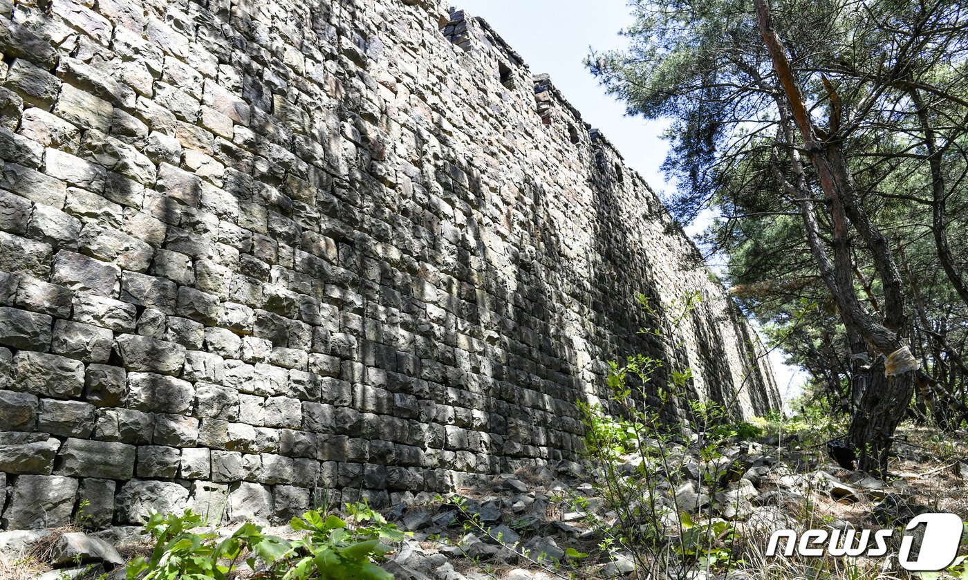 본문 이미지 - (서울=뉴스1) 대성산 소문봉에 남아 있는 대성산성 바깥 성벽 전경. (미디어한국학 제공) 2020.10.17./뉴스1 photo@news1.kr