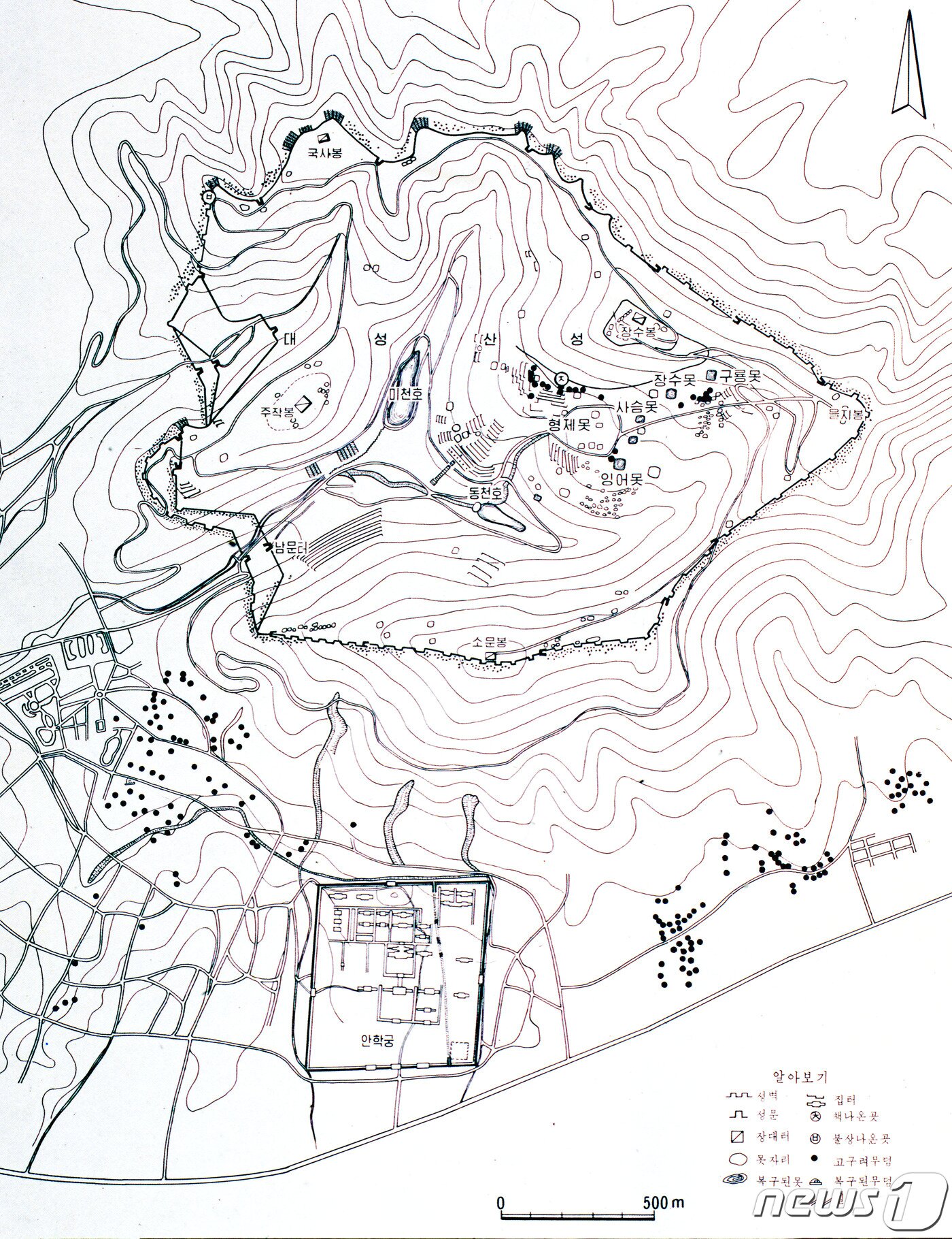본문 이미지 - (서울=뉴스1) 북한이 1970년대에 작성한 대성산성과 대성산 남쪽의 고구려유적 분포도. (미디어한국학 제공) 2020.10.17./뉴스1 photo@news1.kr
