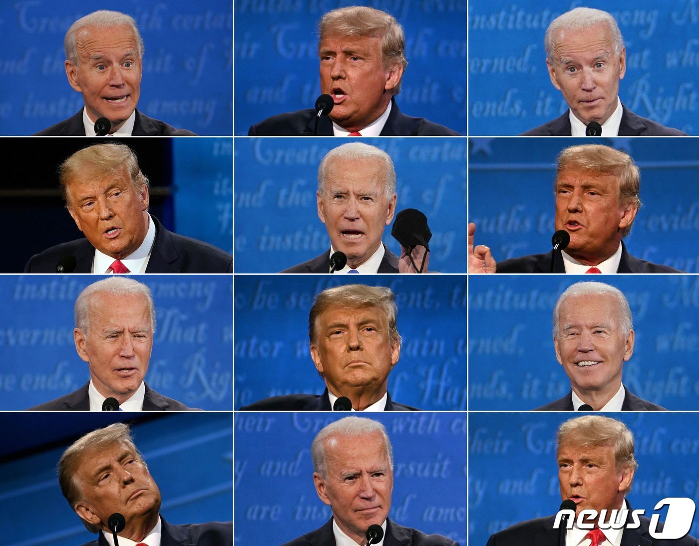 본문 이미지 - 22일 도널드 트럼프 대통령과 조 바이든 민주당 대선후보가 토론에 임하고 있다. ⓒ AFP=뉴스1