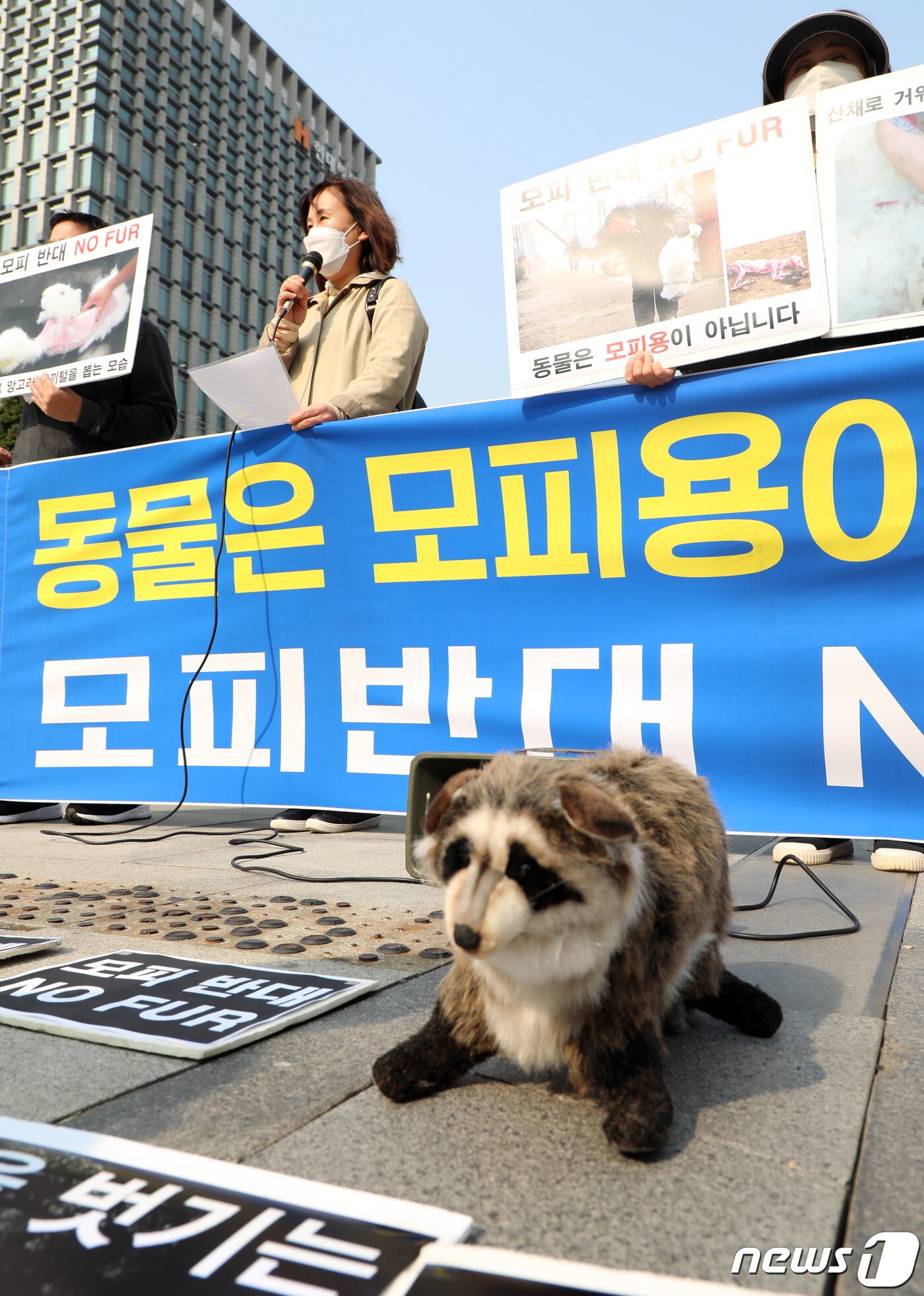 본문 이미지 - 비건(Vegan) 세상을 위한 시민모임, 한국동물보호연합 활동가들이 27일 서울 광화문 광장에서 모피(FUR), 다운(DOWN) 반대 기자회견을 하고 있다. 2020.10.27/뉴스1 ⓒ News1 김명섭 기자