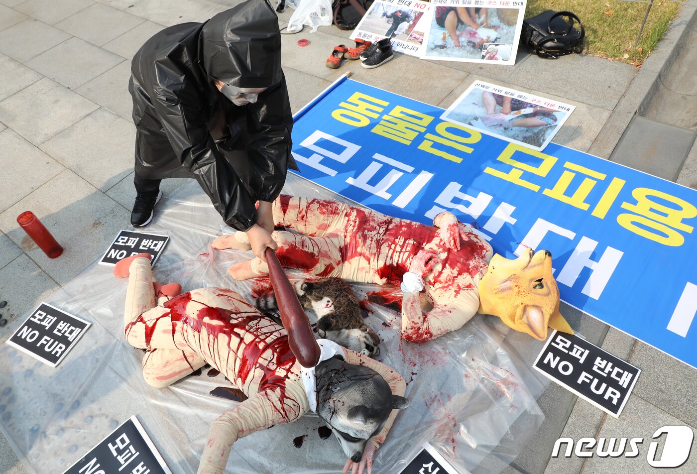 본문 이미지 - 비건(Vegan) 세상을 위한 시민모임, 한국동물보호연합 활동가들이 27일 서울 광화문 광장에서 모피(FUR), 다운(DOWN) 반대 퍼포먼스를 하고 있다. 2020.10.27/뉴스1 ⓒ News1 김명섭 기자