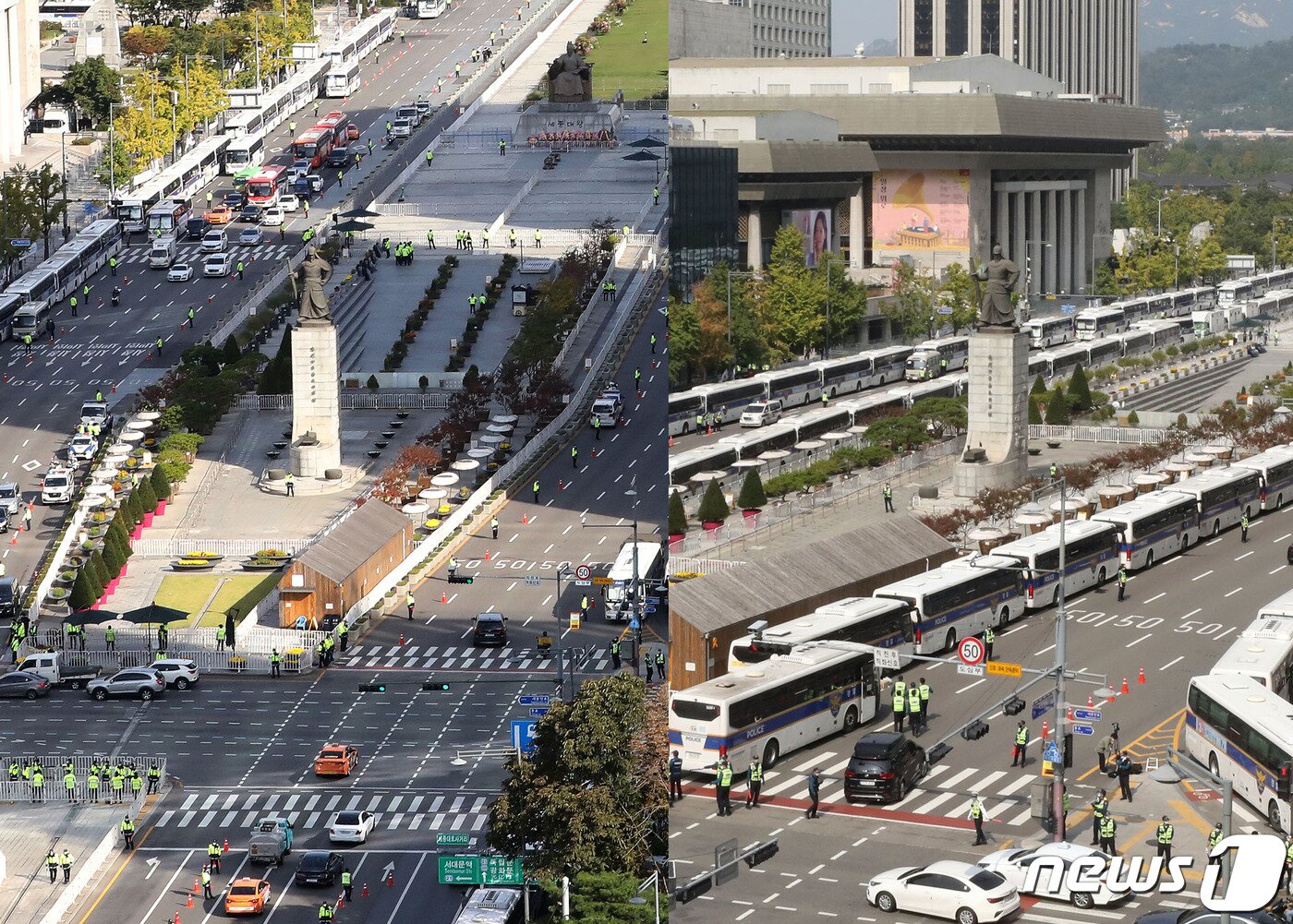 본문 이미지 - 지난 10월3일 개천절 광화문광장 일대 설치된 차벽 모습(오른쪽)과 9일 한글날 광화문광장 일대 설치된 차벽 모습. 2020.10.9/뉴스1 ⓒ News1 이승배 기자