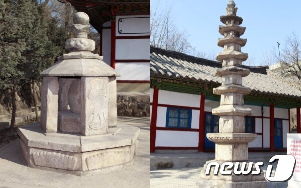 본문 이미지 - 평양 개선청년공원 위쪽에 있는 용화사 경내로 옮겨진 영명사 석조불감과 흥복사 6각7층탑. 2015년 용화사가 철거되면서 다른 곳으로 이전됐다. (미디어한국학 제공) 2020.11.14.ⓒ 뉴스1