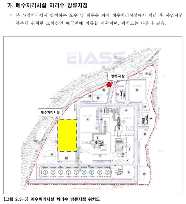 본문 이미지 - 지난 3월말 기준 SK하이닉스가 이천 스마트에너지센터(LNG발전소) 사업계획상 준비했던 폐수처리시설 및 폐수 방류 지점의 위치(자료=EIASS) ⓒ 뉴스1