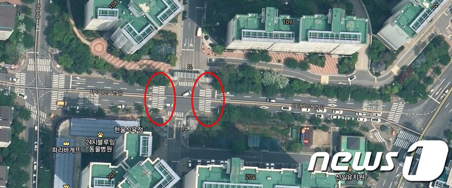 본문 이미지 - 지난 17일 3세 유아가 숨지는 사고가 발생한 광주 북구 한 아파트 입구 지도. 위쪽이 1단지, 아래쪽이 2단지. 왼쪽 빨간 선 횡단보도가 사고가 발생한 곳이다. 지난 5월 첫 사고 발생 시 왼쪽 횡단보도가 신설됐으나 신호등은 설치되지 않았다. 이번 사고 발생 후 신호등 설치 등이 대책으로 나왔으나 정작 유관기관과 주민대표 간 간담회에선 아파트 진출입로에 있는 신호등 2곳(빨간 원)을 모두 폐쇄하기로 결정했다. 주민들은 지도 왼쪽 사거리 횡단보도까지 35미터를 돌아서 길을 건너야 한다.2020.11.26/뉴스1 ⓒ News1