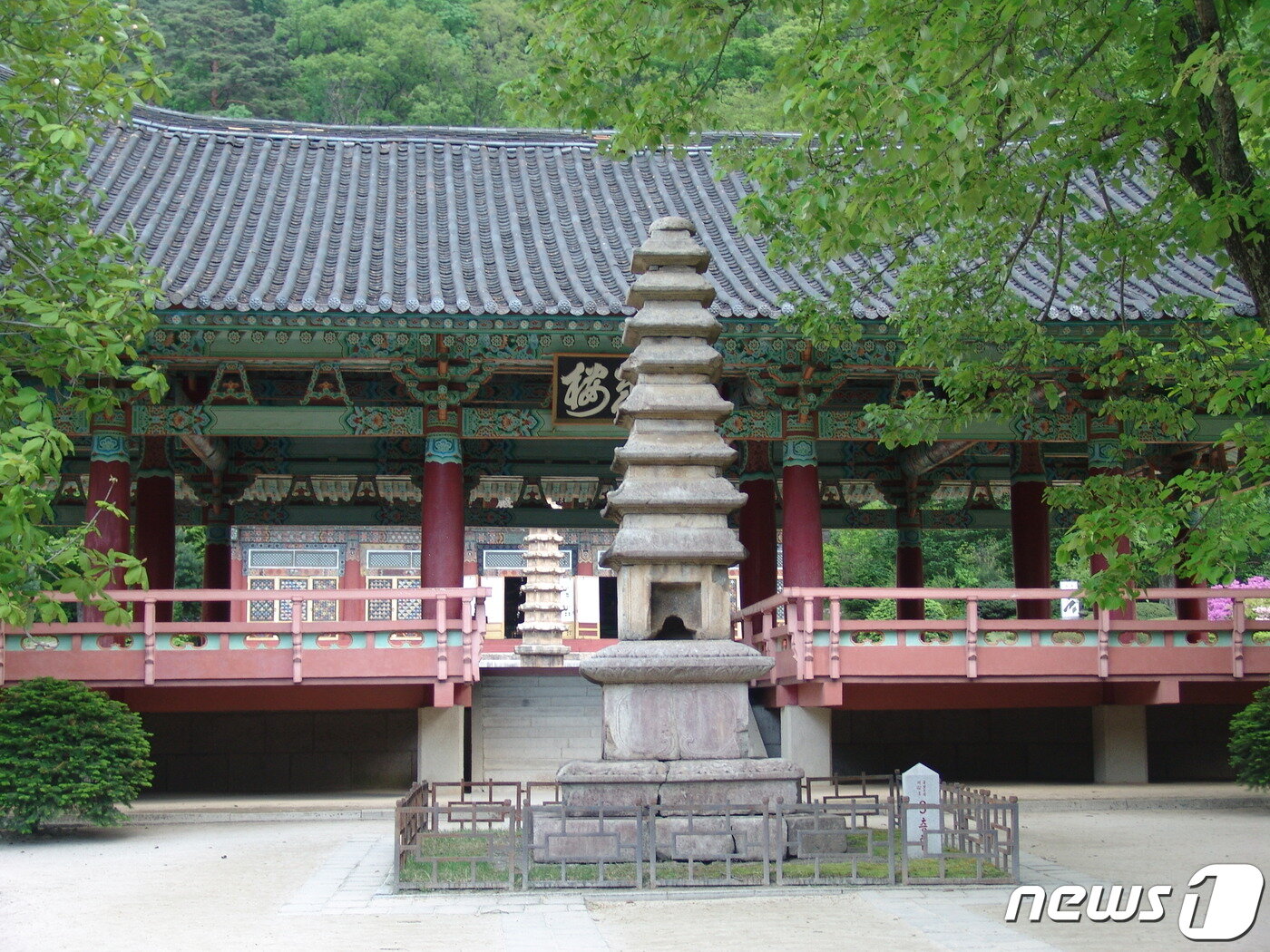 본문 이미지 - 천왕문에서 본 보현사 4각9층탑과 만세루. 만세루는 6.25전쟁 때 파괴돼 1979년에 복원됐고, 4각9층탑은 1962년에 복구됐다. (미디어한국학 제공) 2020.11.28.ⓒ 뉴스1