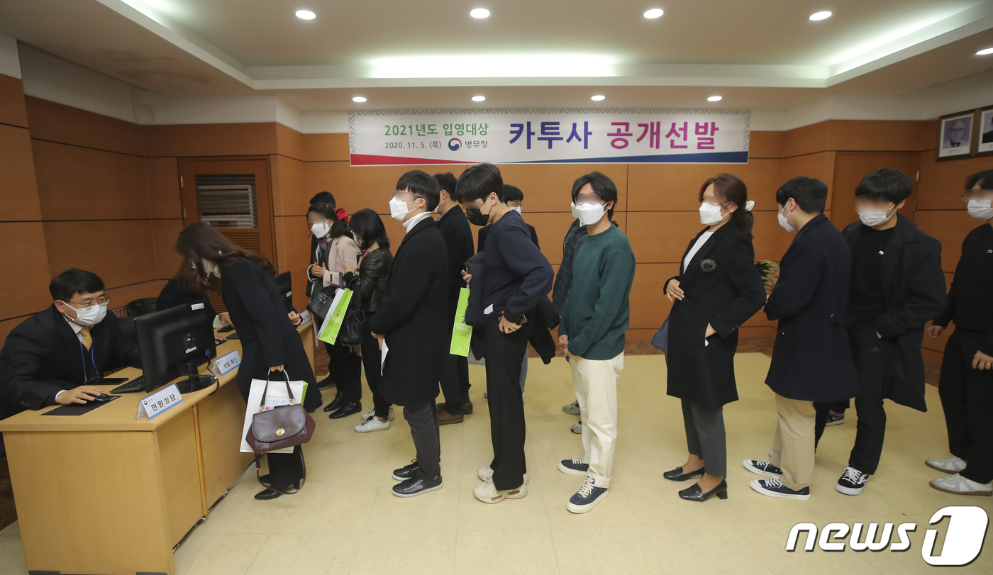 (서울=뉴스1) 구윤성 기자 = 5일 서울 영등포구 대방동 서울지방병무청 대회의실에서 열린 2021년 입영대상 카투사 공개 선발에서 참관인들이 선발여부를 확인하고 있다. 2020. …