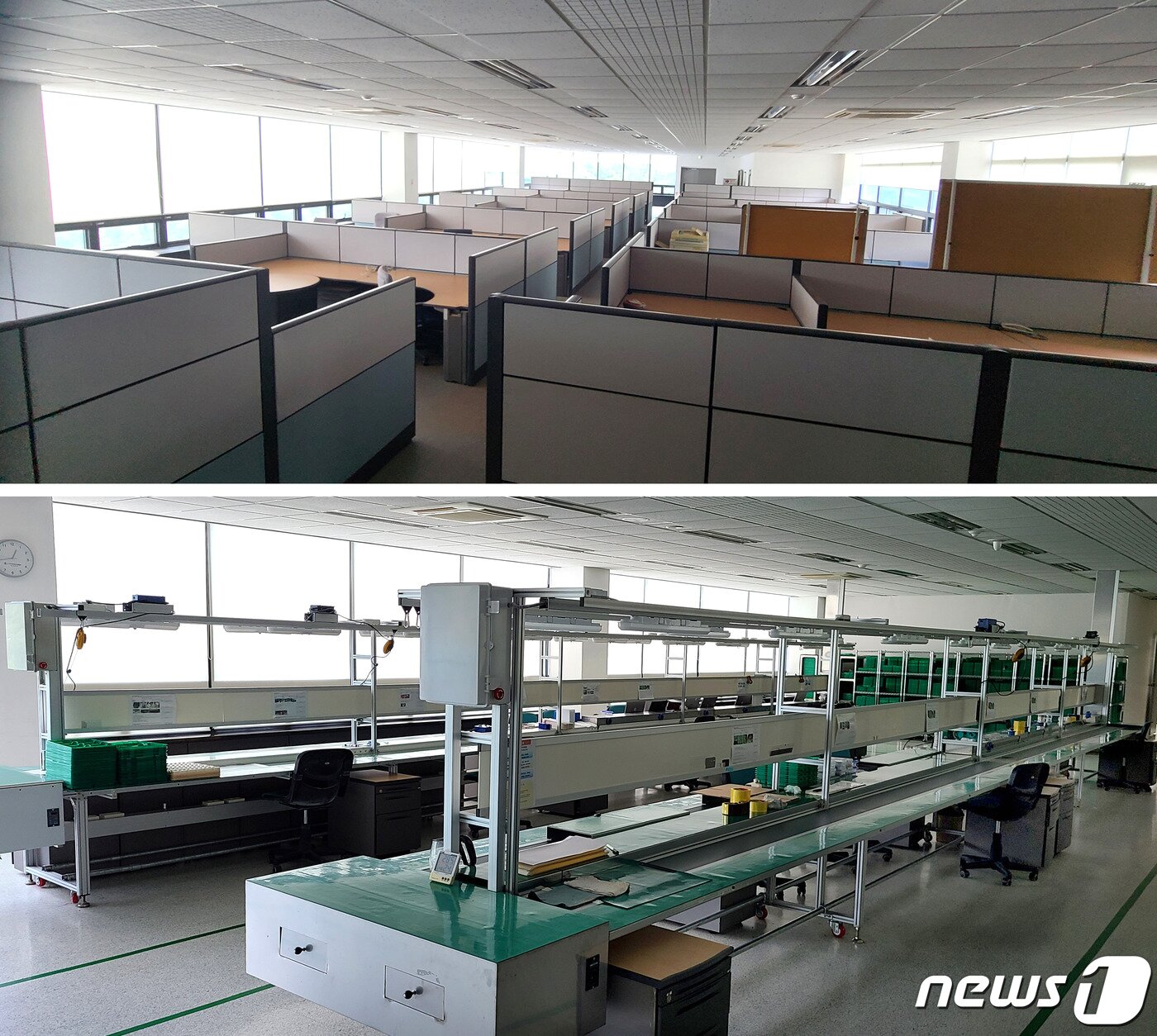 본문 이미지 - CJ ENM과 독점계약 뒤 부도 위기에 놓인 블루투스 이어폰 생산 중소기업 모비프렌의 텅빈 생산시설 (사진 아래)과 생산지원 사무실. 2020.11.6 / ⓒ 뉴스1