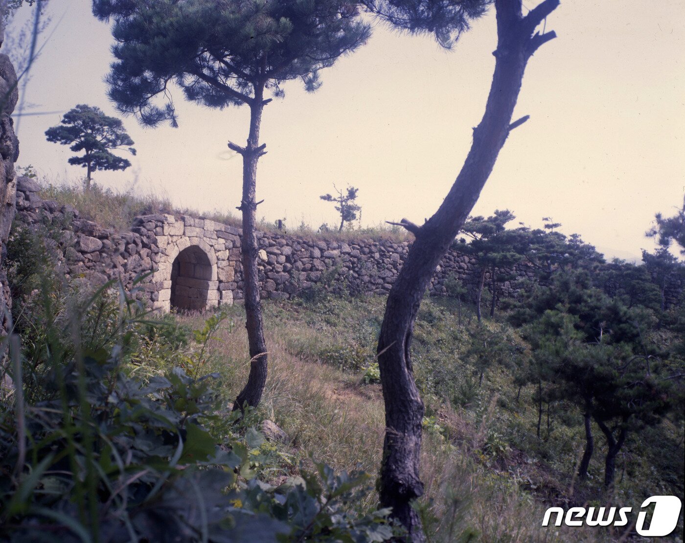 본문 이미지 - 평안북도 피현군의 백마산성 외성의 홍예문과 성벽 모습. 외성은 조선시대 때 쌓은 성곽이다. 현재 산성에 설치돼 있던 장대와 문루는 모두 파괴돼 남아 있지 않다. (미디어한국학 제공) 2020.12.12.ⓒ 뉴스1