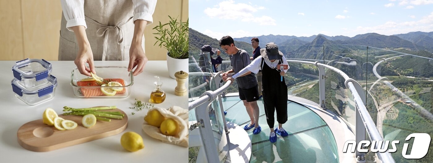 본문 이미지 - 내열유리로 만들어진 '락앤락 탑클라스'(왼쪽),  강화유리로 만들어진 강원 정선 병방치스카이워크(오늘쪽) ⓒ 뉴스1