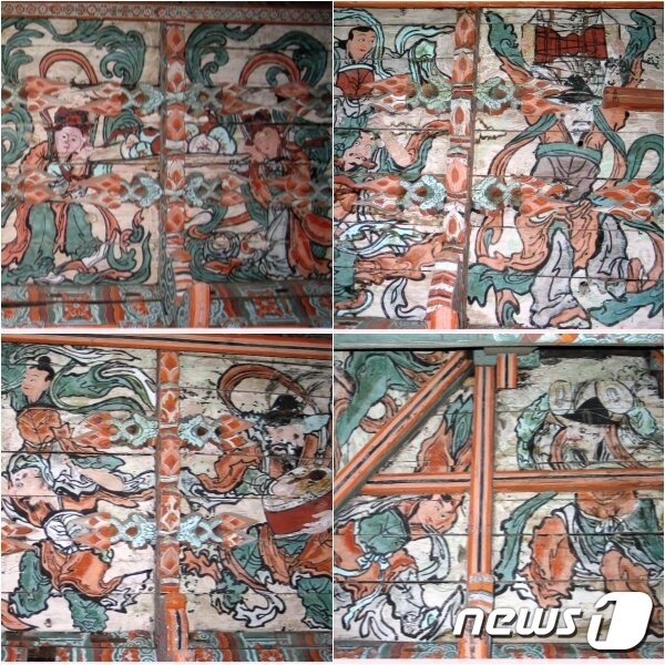 본문 이미지 - 함경남도 고원군 양천사 대웅전 천장에 그려진 무악도(舞樂圖). 무악도들에는 '가야금을 들고 춤을 추는 모습', '장구를 들고 춤추는 모습', '목마를 타고 댕기춤을 추는 모습', '북을 치는 모습', '징을 치며 춤추는 모습' 등이 실감나게 묘사돼 있다. (미디어한국학 제공) 2020.12.19.ⓒ 뉴스1