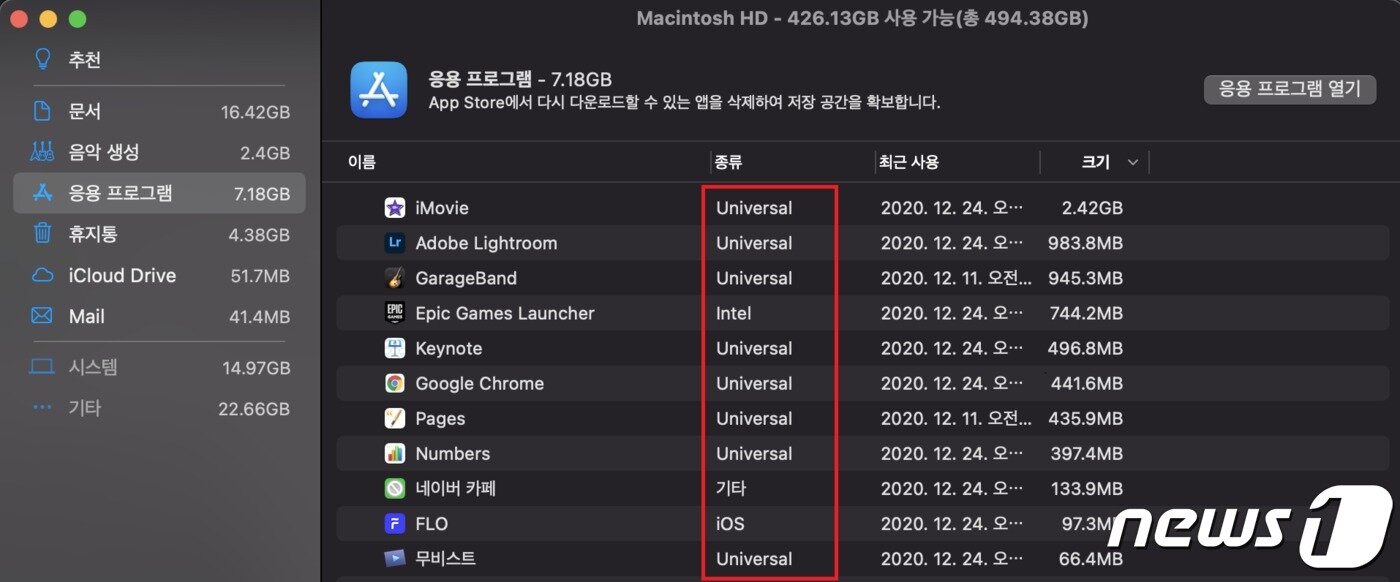 본문 이미지 - 맥북에어M1에서는 실행되는 앱을 유니버설, Intel, iOS, 기타 등으로 구분한다. 2020.12.24./뉴스1 ⓒ News1 김정현 기자