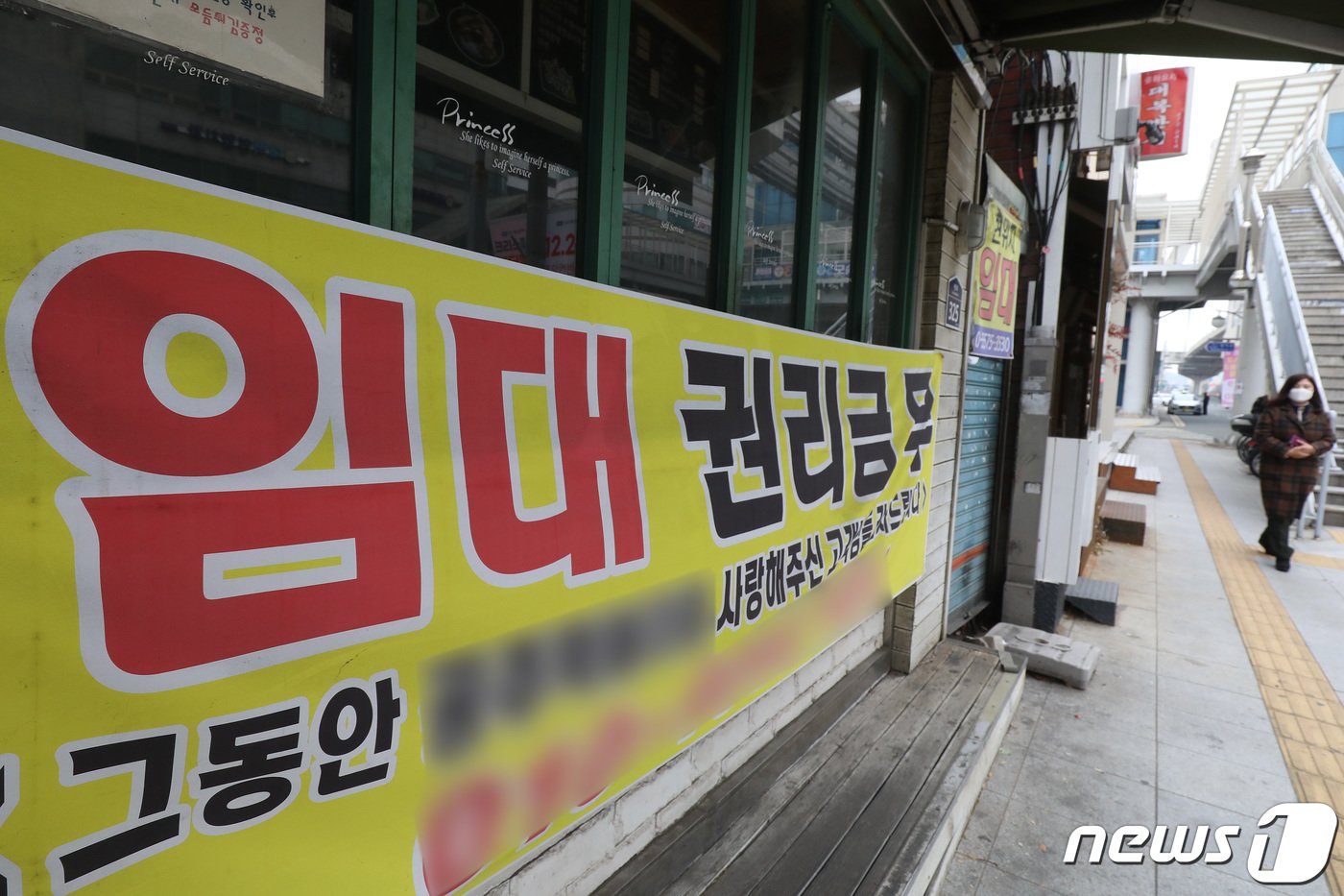 본문 이미지 - 대구 중구 한 백화점 인근 상가건물에 붙은 임대 알림 현수막에 권리금이 없다는 문구가 적혀 있다. /뉴스1 ⓒ News1 공정식 기자