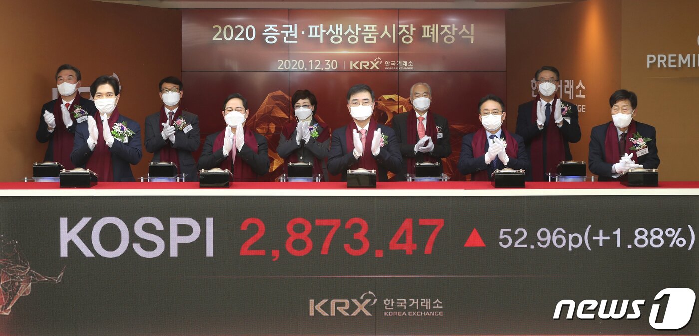 본문 이미지 - 지난해 12월30일 오후 한국거래소 부산본사에서 열린 2020년 증권·파생상품시장 폐장식에서 참석자들이 폐장을 알리는 버튼을 누르고 있다. (한국거래소 제공) 2020.12.30/뉴스1