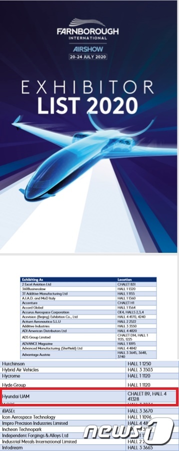 2020 판버러 국제에어쇼(Farnborough International Airshow) 참가업체 리스트에 'Hyundai UAM''이 이름을 올렸다.© 뉴스1