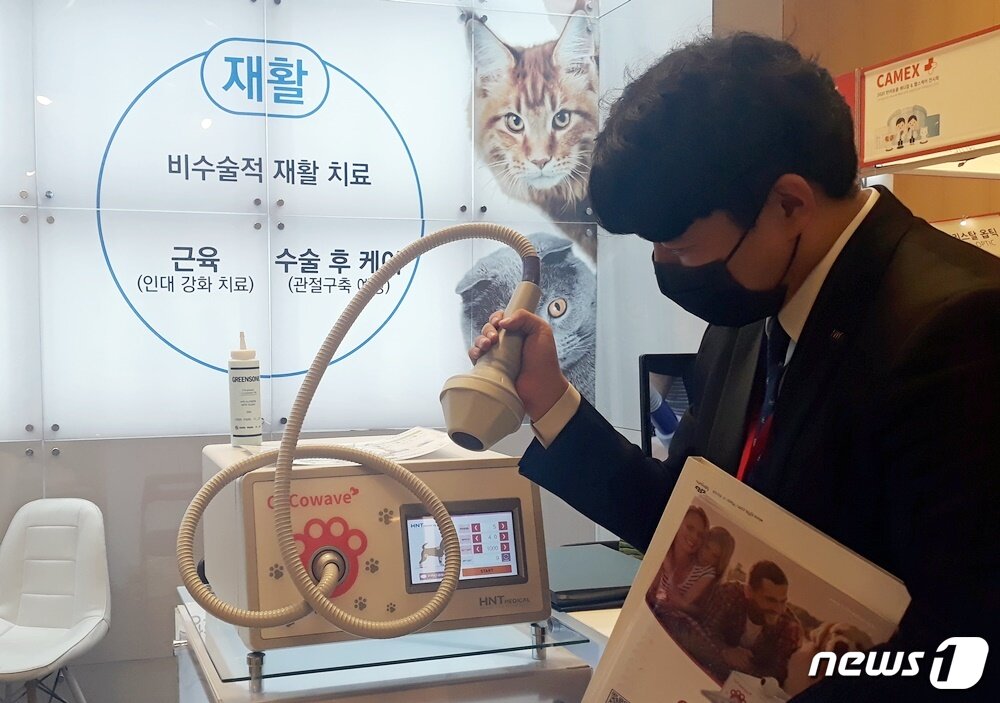 본문 이미지 - 에이치엔티메디칼 관계자가 22일 반려동물 재활 치료 등을 돕는 의료기기 등을 선보이고 있다. ⓒ 뉴스1 최서윤 기자