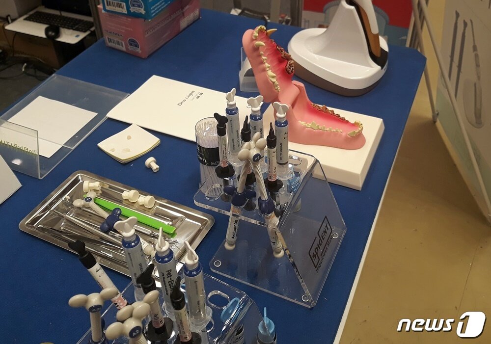 본문 이미지 - 사람 치과 기기에서 동물 치과 기기를 준비 중인 스피덴트 부스가 22일 카멕스2020에 참가했다. ⓒ 뉴스1 최서윤 기자