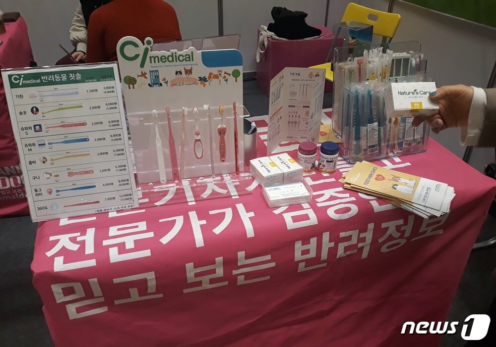 본문 이미지 - 애니멀닥터 관계자가 22일 반려동물 전용 칫솔을 선보이고 있다. ⓒ 뉴스1 최서윤 기자