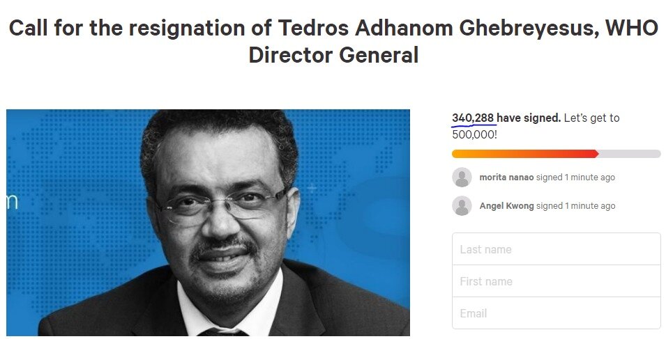 본문 이미지 - WHO 사무총장의 퇴진에 찬성하는 수가 34만을 돌파했다. - &#39;change.org&#39; 화면 갈무리
