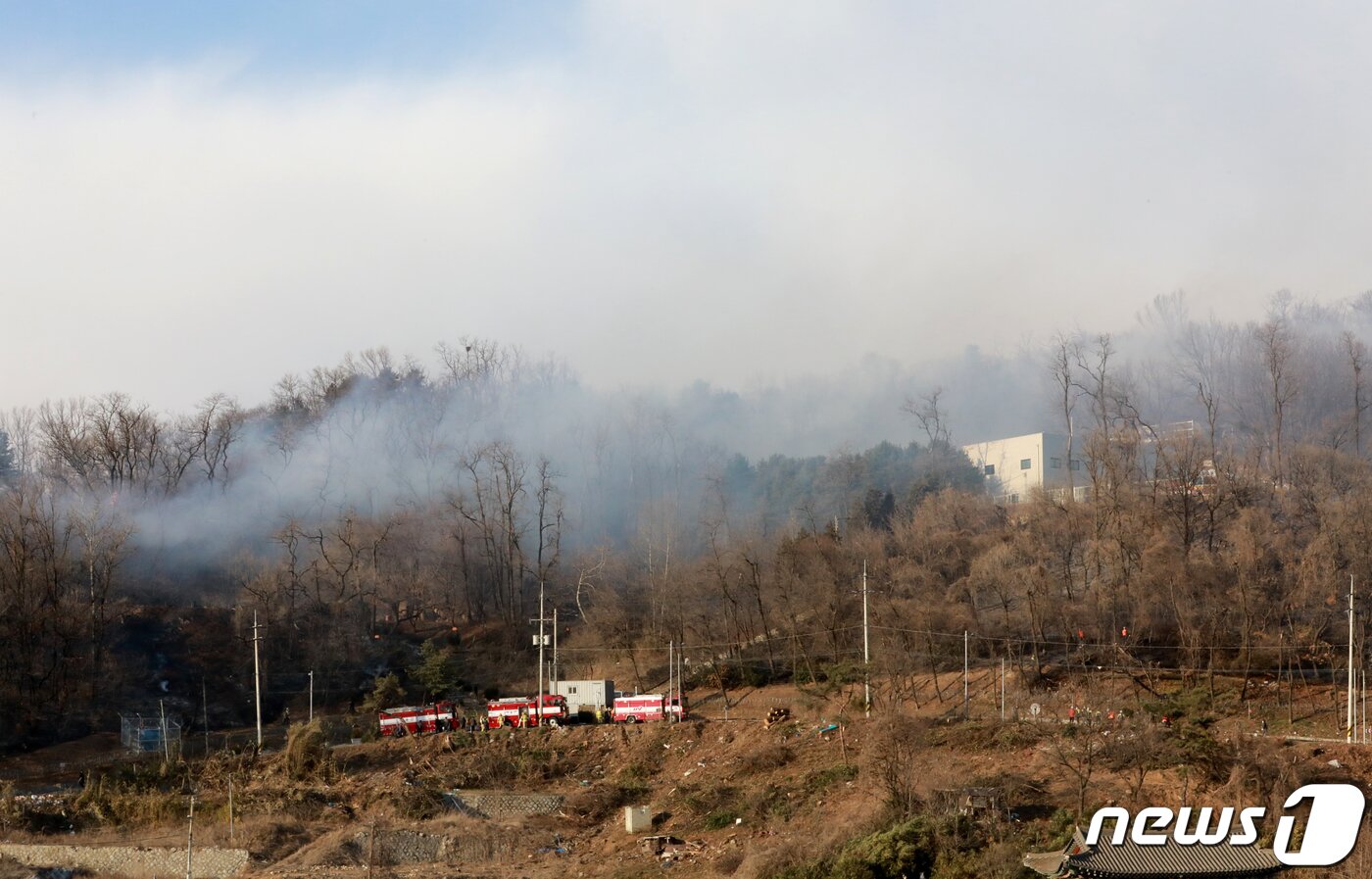 본문 이미지 - 15일 오후 3시쯤 인천시 연수구 옥련국제사격장 인근의 한 야산에서 산불이 발생했다. 소방대원들이 화재를 진압하고 있다.2020.3.15/뉴스1 ⓒ News1 정진욱 기자