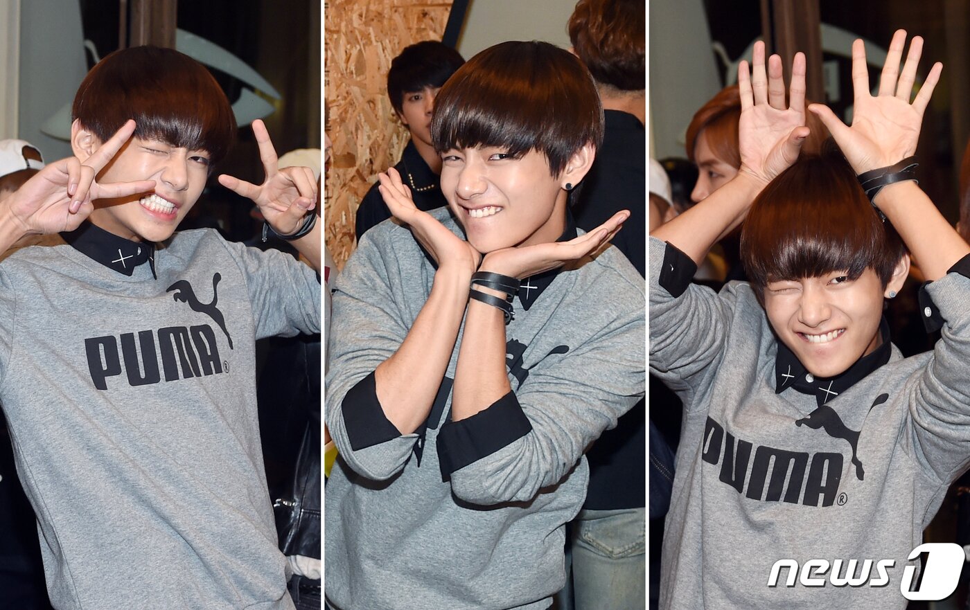 본문 이미지 - '애교에 녹네 녹아' 방탄소년단 뷔가 19일 오후 서울 압구정 카시나 플래그쉽 스토어에서 열린 스포츠 브랜드 ‘푸마 X 카시나 디스크 럭스’ 런칭 행사에서 깜찍한 포즈를 취하고 있다. 2012.9.14 ⓒ News1 권현진 기자