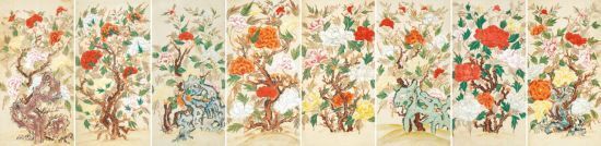 본문 이미지 - 모란괴석도(牧丹怪石圖), 종이에 수묵채색, 각 117&times;59.5㎝, 8폭, 19세기.(케이옥션 제공)ⓒ 뉴스1