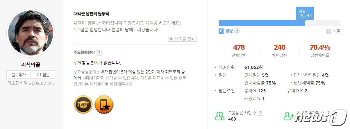 본문 이미지 - 조주빈 지식인 프로필(네이버 지식 iN) ⓒ 뉴스1 황덕현 기자