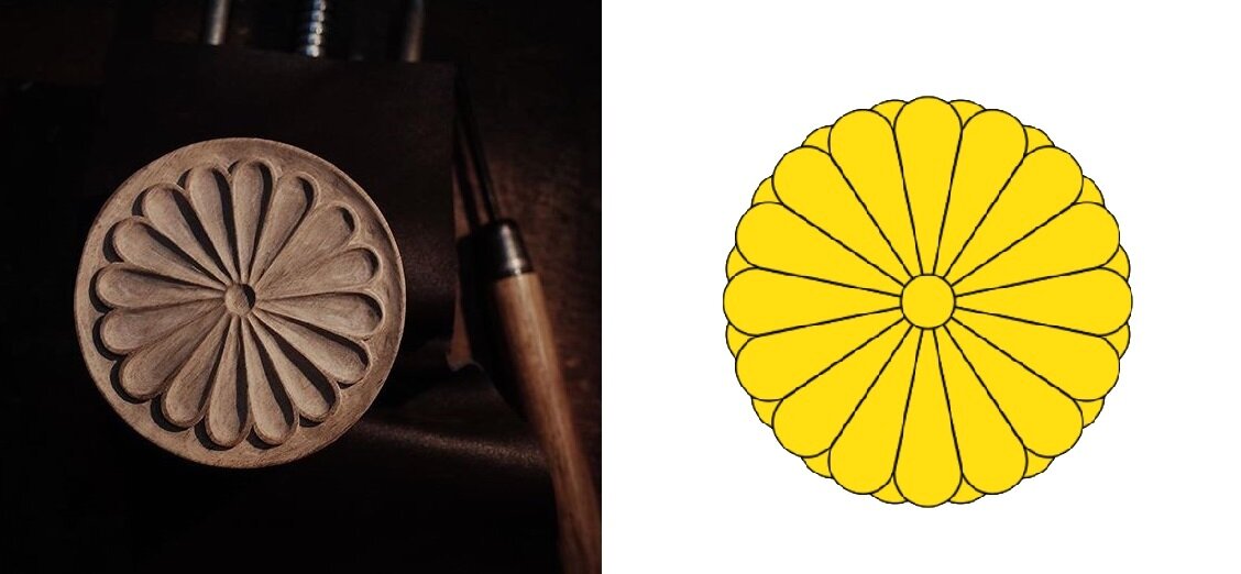 본문 이미지 - 한국 국화 떡살무늬(왼쪽)과 일본황실 국화문장(온라인 갈무리)ⓒ 뉴스1