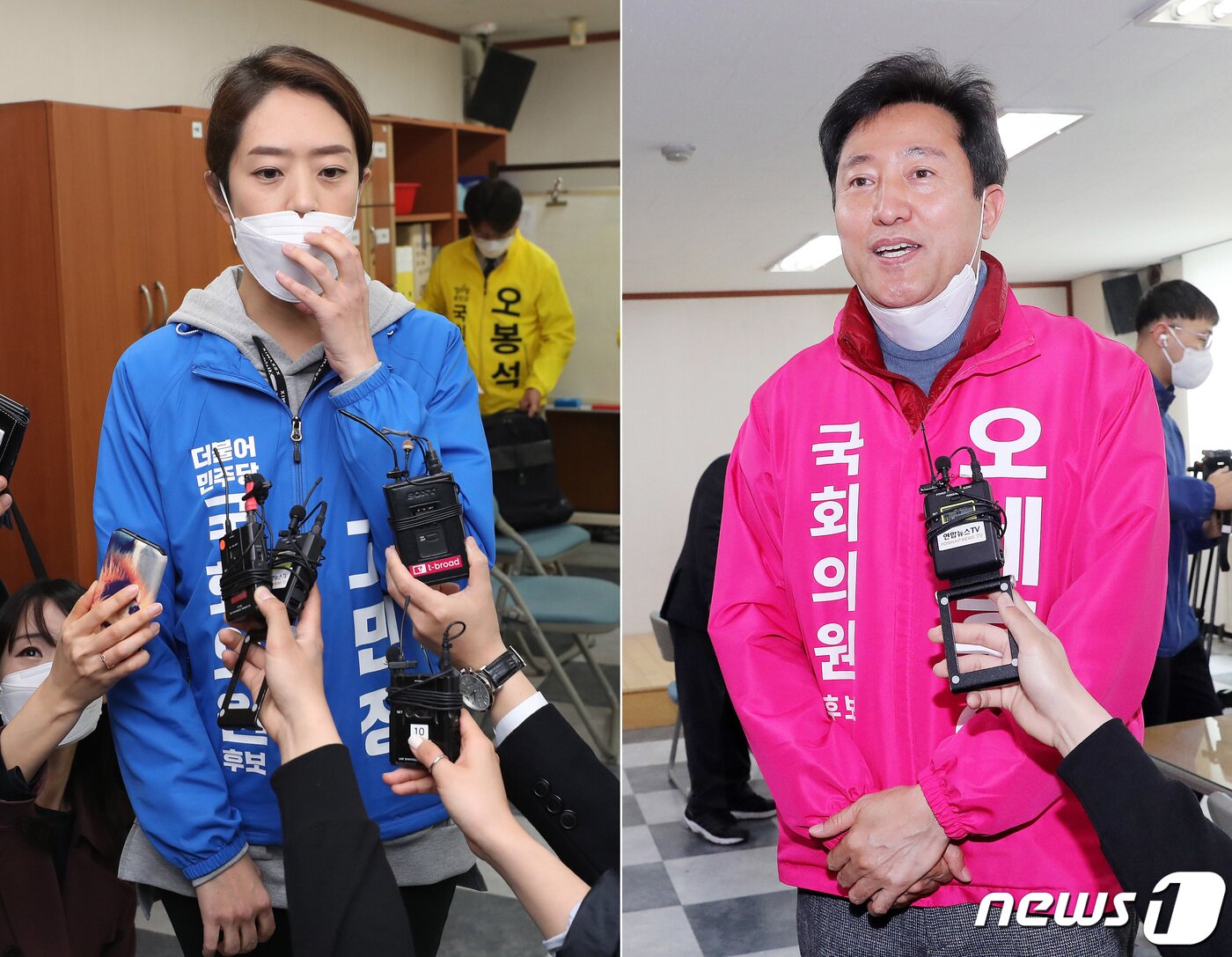 본문 이미지 - 서울 광진을에 출마하는 고민정 더불어민주당 후보(사진 왼쪽)와 오세훈 미래통합당 후보가 26일 오전 서울 광진구 선거관리위원회에서 후보자 등록을 마친 뒤 소감을 밝히고 있다. 2020.3.26/뉴스1 ⓒ News1 박지혜 기자