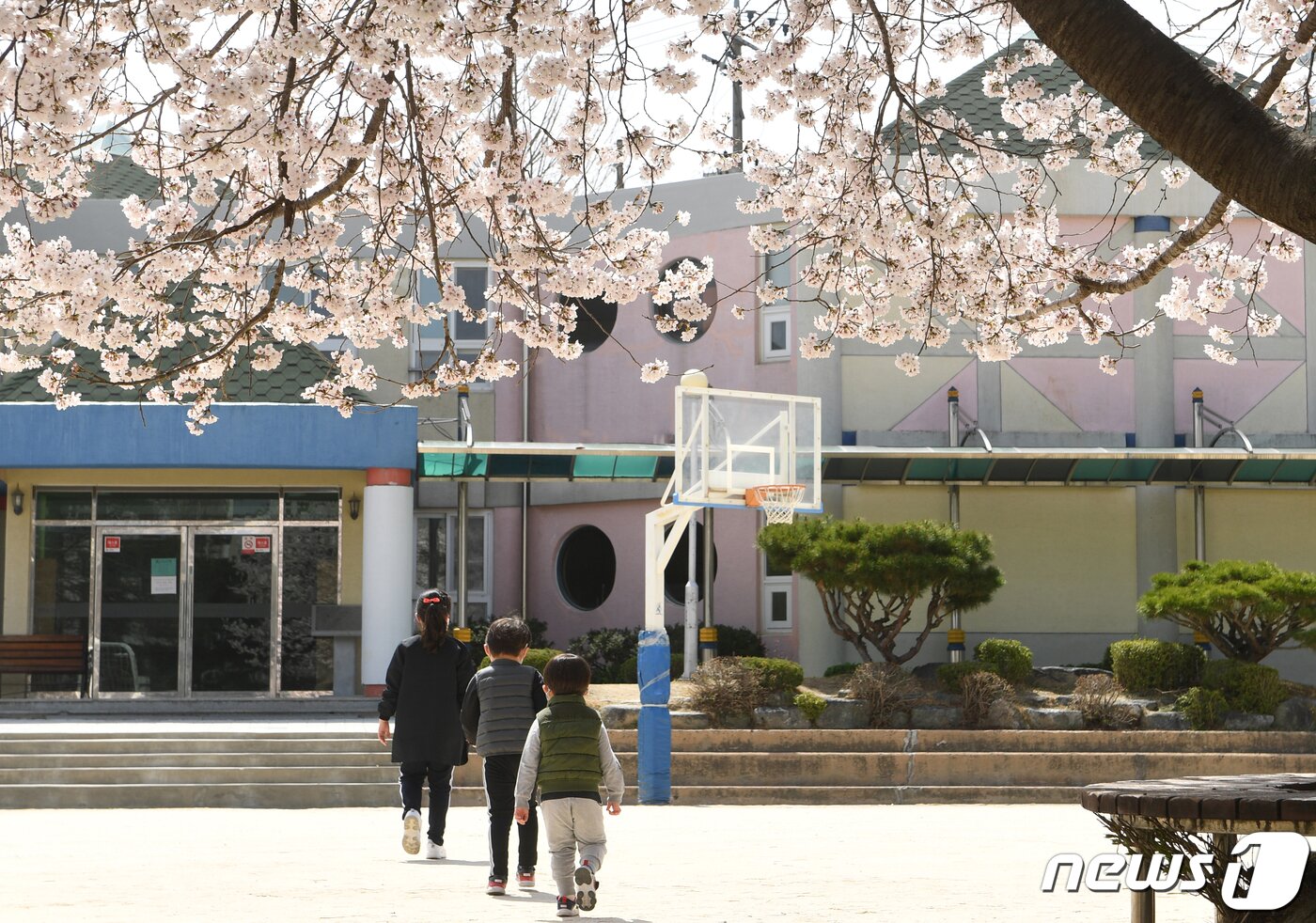 본문 이미지 - 코로나19 확산으로 인해 학교 개학이 미뤄진 경남 거창군 거창읍의 한 초등학교 운동장을 어린이들이 걸어가고 있다. 3.31