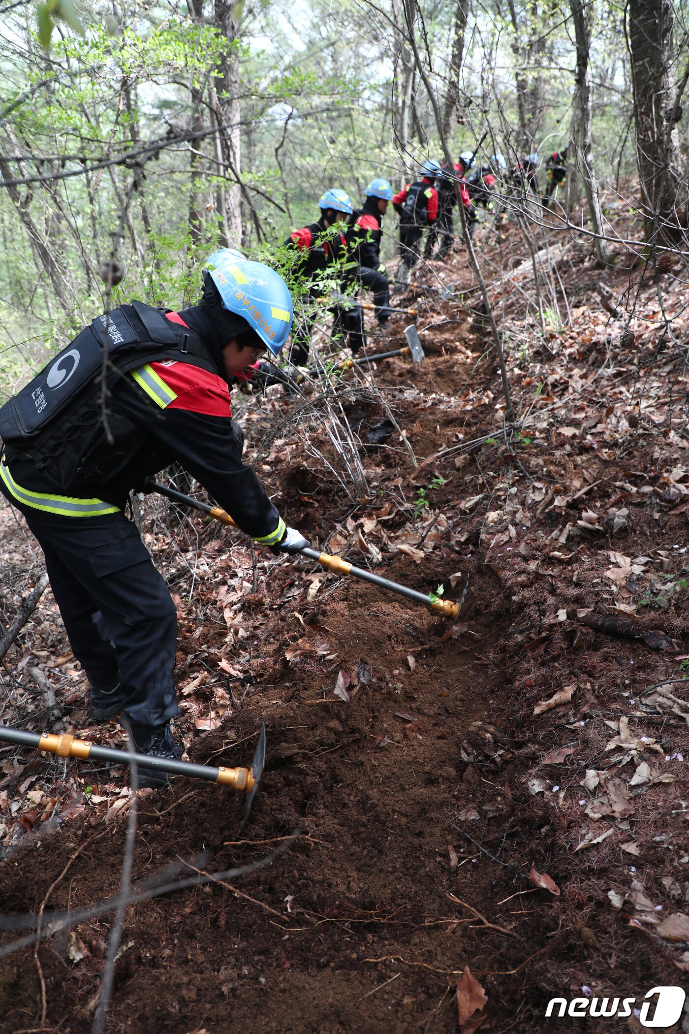 본문 이미지 - 북부지방산림청 산불재난특수진화대 산불 현장 방어선 구축 훈련 모습/뉴스1 ⓒ News1 권혜민 기자