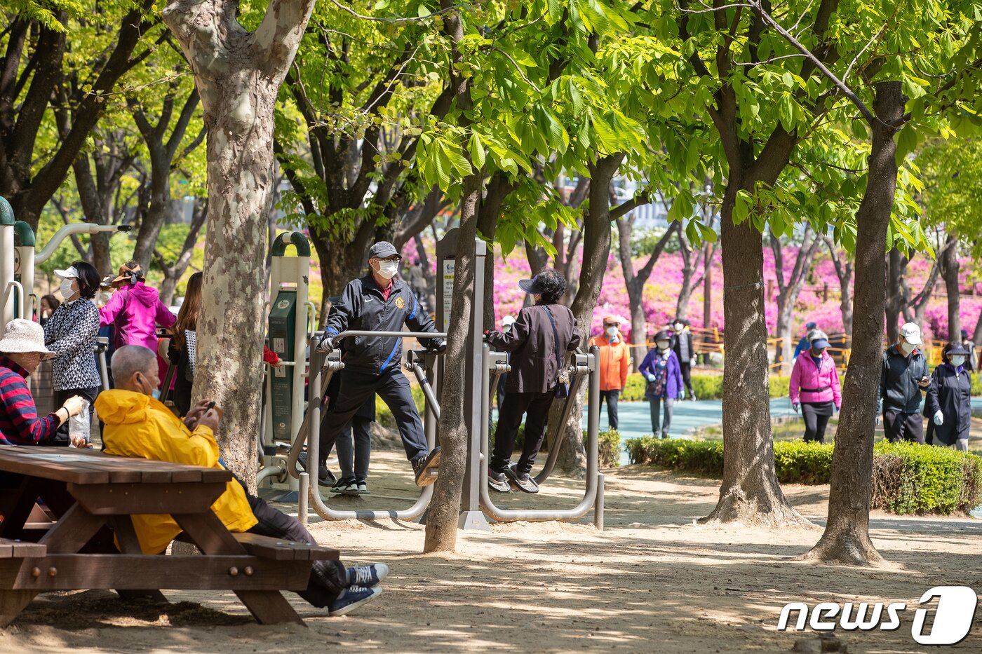 본문 이미지 - 28일 서울 동작구 보라매공원을 찾은 시민들이 운동을 하고 있다. 2020.4.28/뉴스1 ⓒ News1 유승관 기자