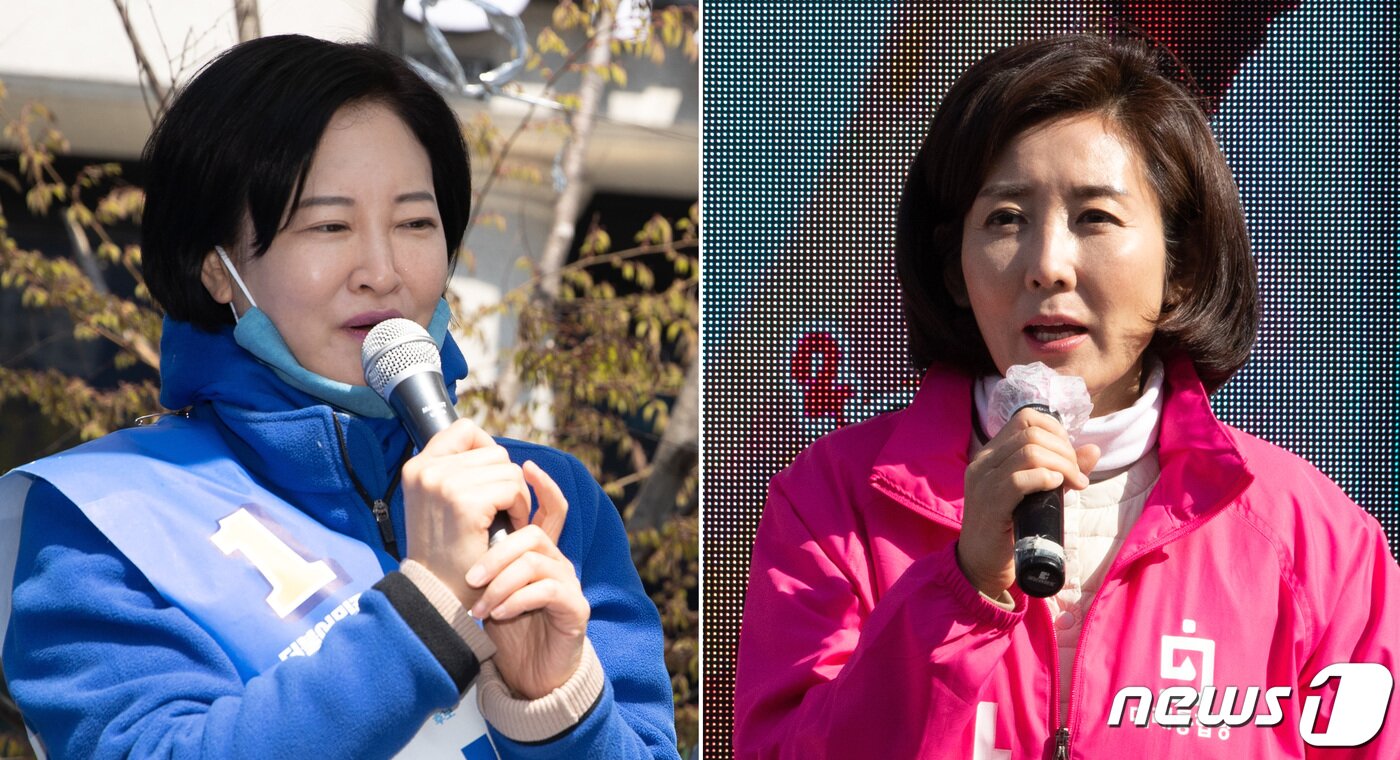 본문 이미지 - 이수진 더불어민주당 동작구을 후보와 나경원 미래통합당 동작구을 후보가 5일 오후 서울 동작구 사당시장 인근에서 시민들을 향해 지지를 호소하고 있다. 2020.4.5/뉴스1 ⓒ News1 이재명 기자