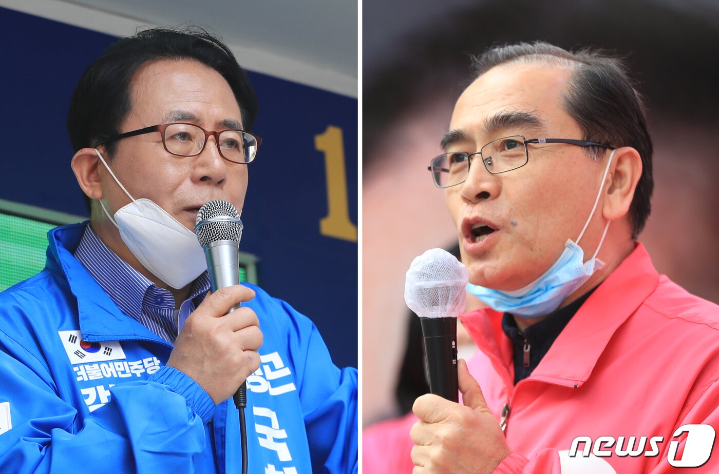 본문 이미지 - 제21대 국회의원선거 서울강남갑에 출마한 김성곤 더불어민주당 후보(왼쪽)와 태구민 미래통합당 후보가 6일 오후 서울 강남구에서 유권자들에게 지지를 호소하고 있다. 2020.4.6/뉴스1 ⓒ News1 구윤성 기자