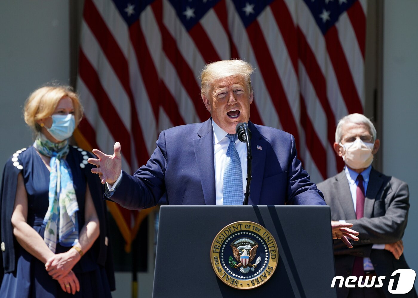 본문 이미지 - 트럼프 대통령이 백악관에서 코로나19 기자회견을 하고 있다. 뒤에 앤서니 파우치 미 국립알레르기·전염병연구소장과 데보라 벅스 코로나19 TF 조정관은 마스크를 쓴데 비해 트럼프 대통령은 마스크를 쓰지 않고 있다. ⓒ 로이터=뉴스1 ⓒ News1 
