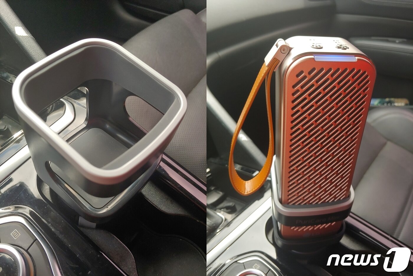 본문 이미지 - 퓨리케어 미니 자동차 거치대와 장착샷. 실제 색보다 빨갛게 나왔다. ⓒ 뉴스1 권구용 기자