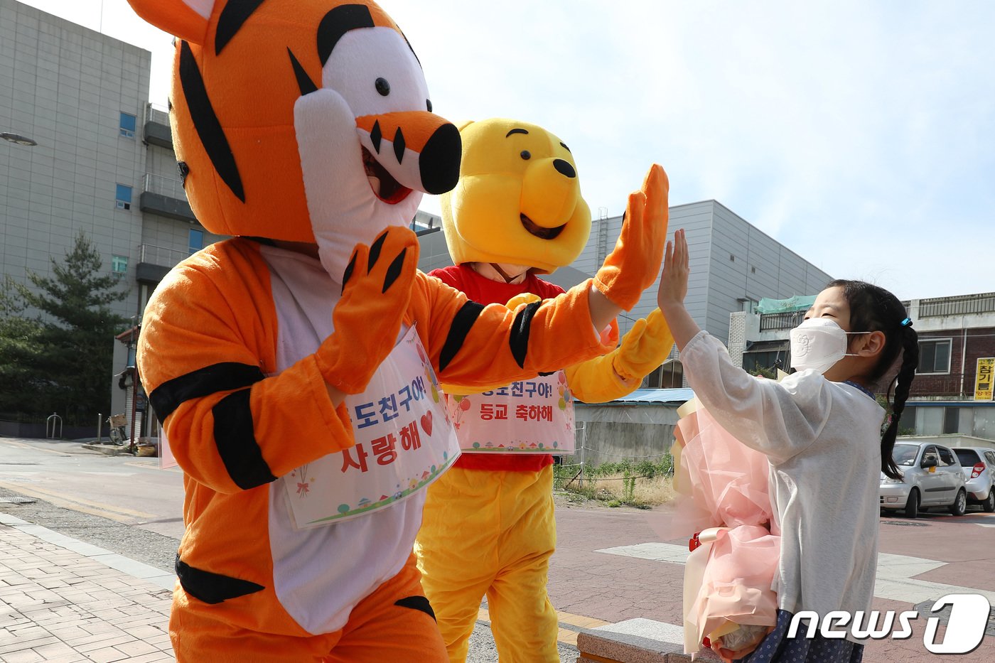 27일 오전 대구 수성구 범어동 대구동도초등학교 정문에서 애니메이션 캐릭터 곰돌이 푸와 티거 인형탈을 쓴 서정하 학교장과 김수완 상담교사가 신종 코로나바이러스 감염증&#40;코로나19&#41; 확산 여파로 온라인 입학 후 87일만에 처음으로 등교하는 1학년 신입생들을 반갑게 맞이하고 있다. 2020.5.27/뉴스1 ⓒ News1 공정식 기자