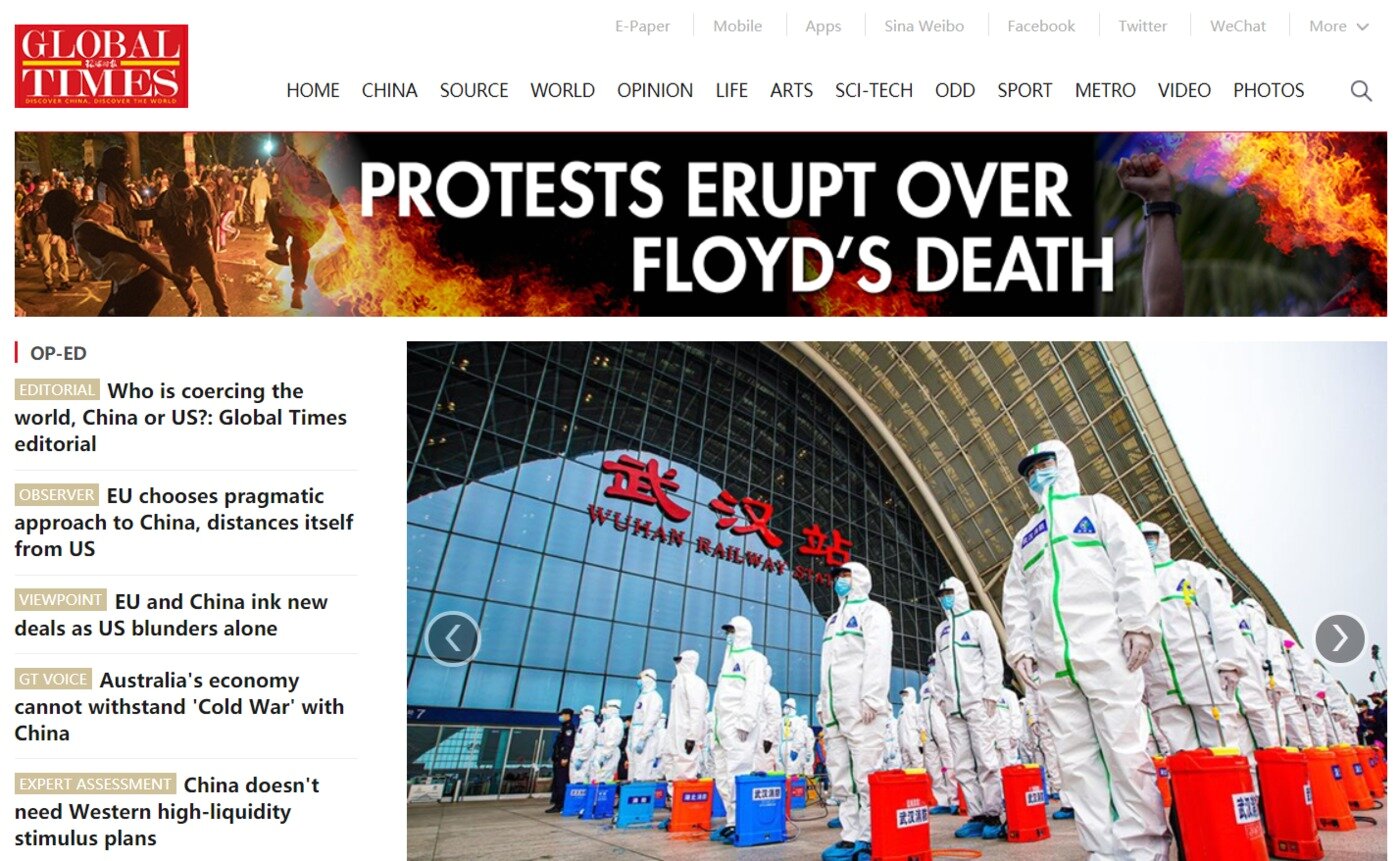 본문 이미지 - 맨위에 &#39;플로이드 사망으로 발생한 시위&#39;라는 배너가 마련돼 있다. - 글로벌타임스 갈무리