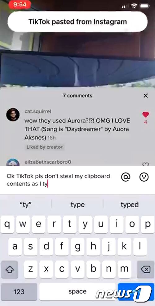 본문 이미지 - 애플 iOS14 업데이트에서 추가된 클립보드 복사 알림 기능을 통해 알려진 틱톡의 개인정보 정보접근ⓒ 뉴스1