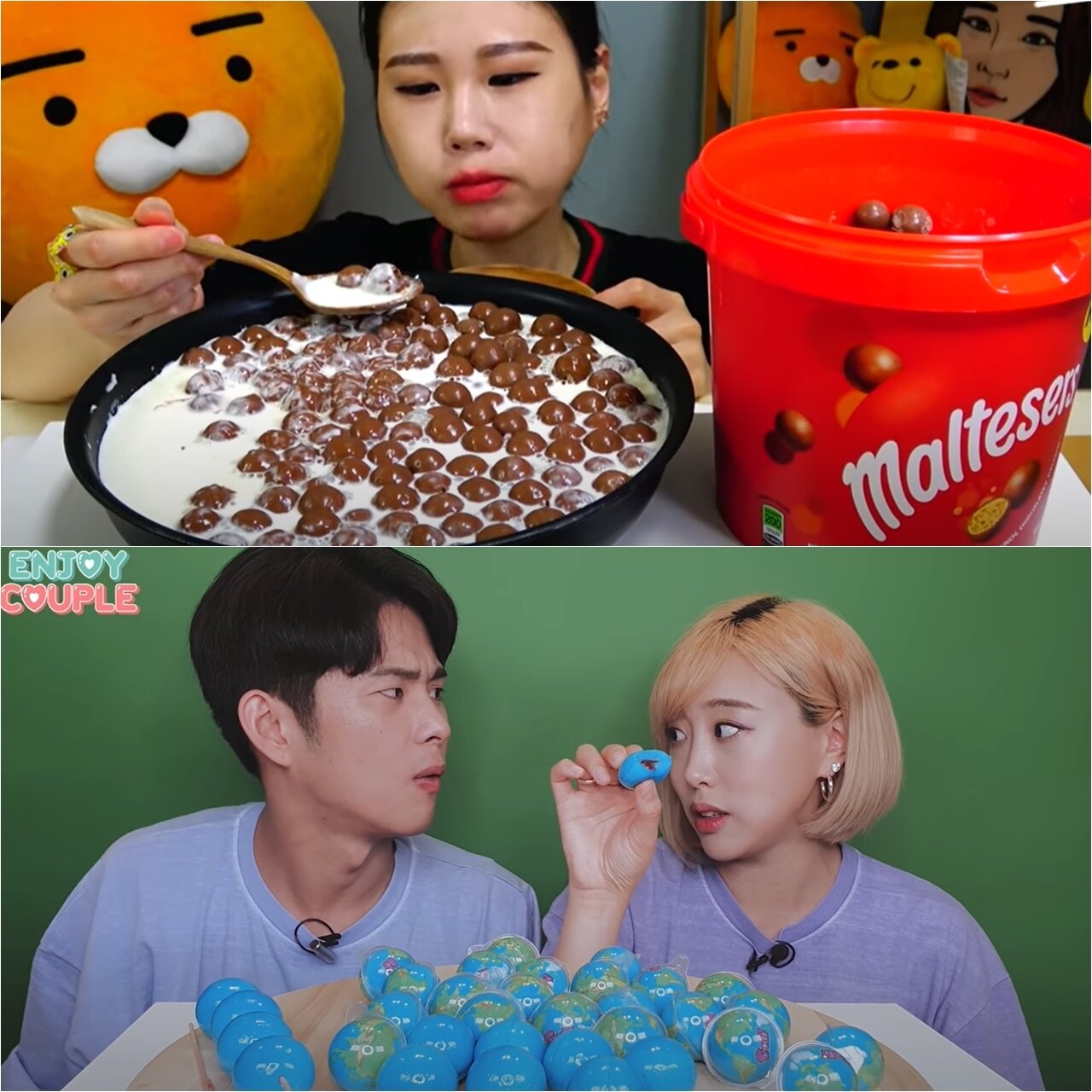 본문 이미지 - 유튜버 '프란'(위) 채널 몰티져스 먹방·유튜버 '엔조이커플' 지구젤리 먹방 (유튜브 방송 갈무리)ⓒ 뉴스1