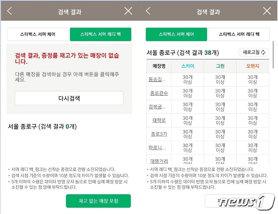 본문 이미지 - 6월 30일 오후 기준서울 종로구 스타벅스 매장 재고 현황ⓒ 뉴스1