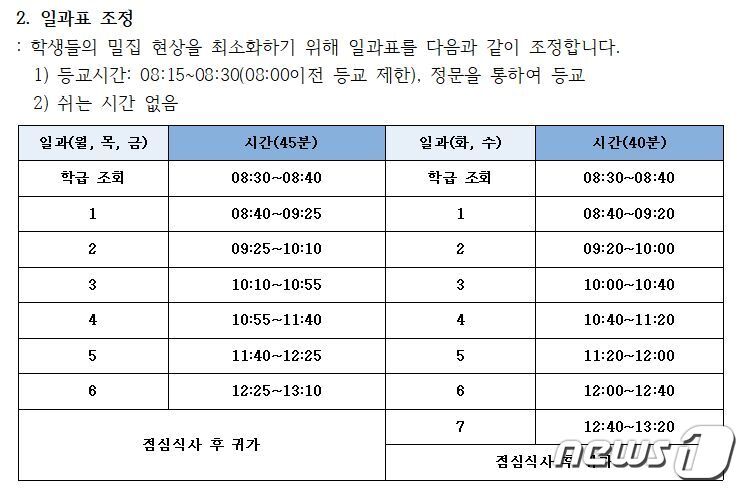 본문 이미지 - 서울 도봉구 한 중학교의 등교 개학 이후 수업 시간표. 쉬는 시간이 전혀 없다.(홈페이지 캡처)/뉴스1 ⓒ 뉴스1